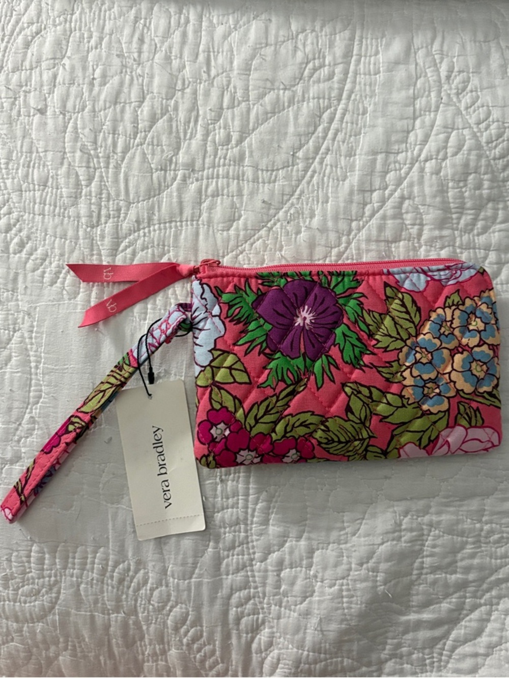 Vera Bradley Hot Pink Floral Wristlet with Multicolor Blooms